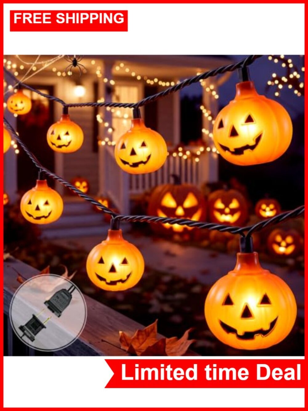 12ft Halloween Pumpkin String Lights 20 LED Jack o Lantern Indoor Outdoor